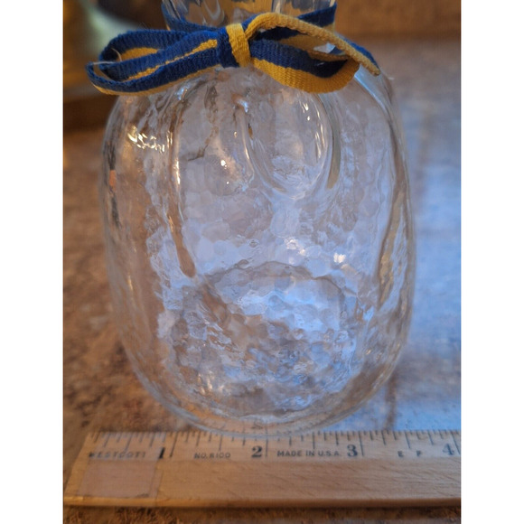 VTG SEA Glasbruk Sweden Clear Glass Bag Sack Vase Pinched Neck, 5.5" Blue/Gold - Picture 7 of 7